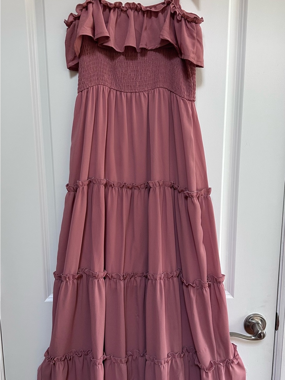 Alter'd State Med Dusty Rose Ruched Bodice Shoulder Tie Tiered Ruffle Maxi Dress